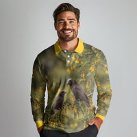 New Zealand Kaka Bird Long Sleeve Polo Shirt Kowhai Flower Landscape Style