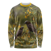 New Zealand Kaka Bird Long Sleeve Shirt Kowhai Flower Landscape Style