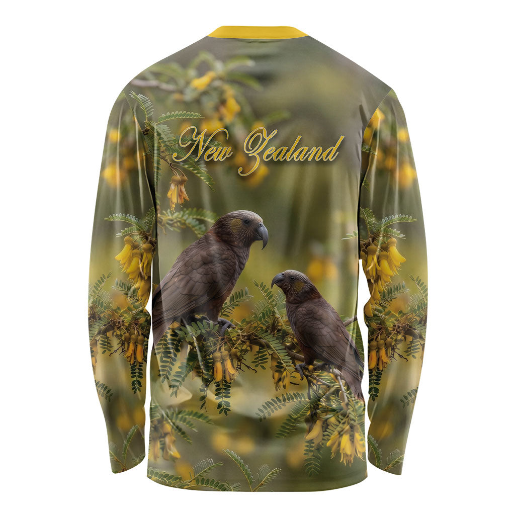 New Zealand Kaka Bird Long Sleeve Shirt Kowhai Flower Landscape Style
