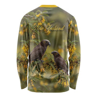 New Zealand Kaka Bird Long Sleeve Shirt Kowhai Flower Landscape Style