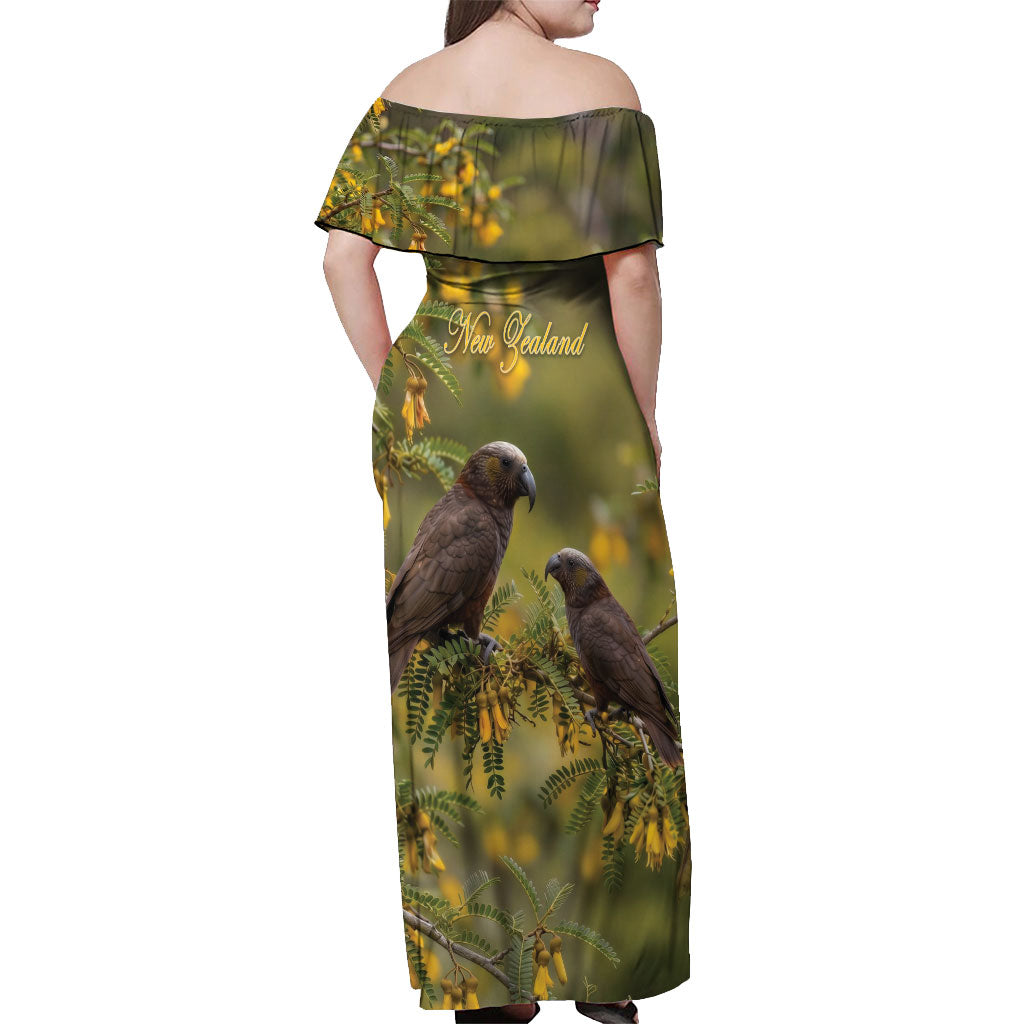 New Zealand Kaka Bird Off Shoulder Maxi Dress Kowhai Flower Landscape Style