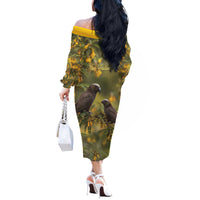 New Zealand Kaka Bird Off The Shoulder Long Sleeve Dress Kowhai Flower Landscape Style