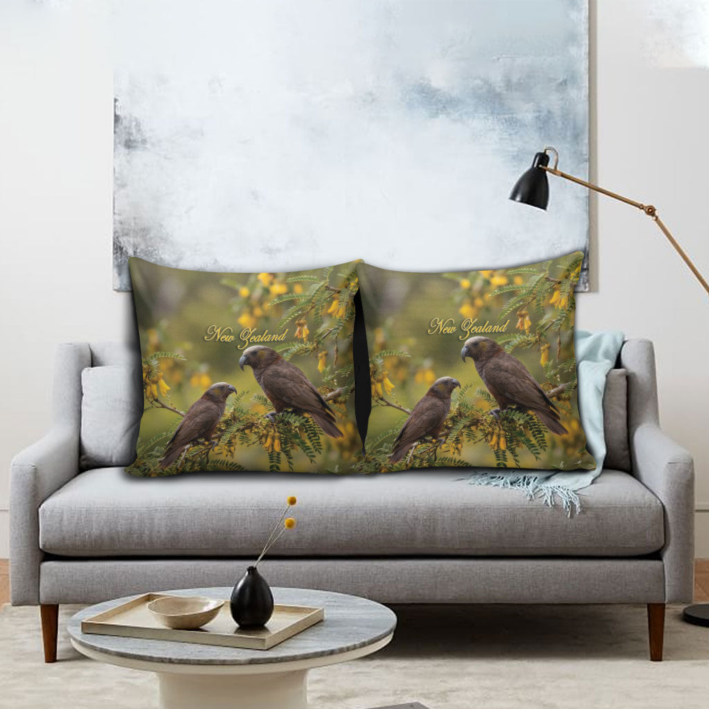 New Zealand Kaka Bird Pillow Cover Kowhai Flower Landscape Style