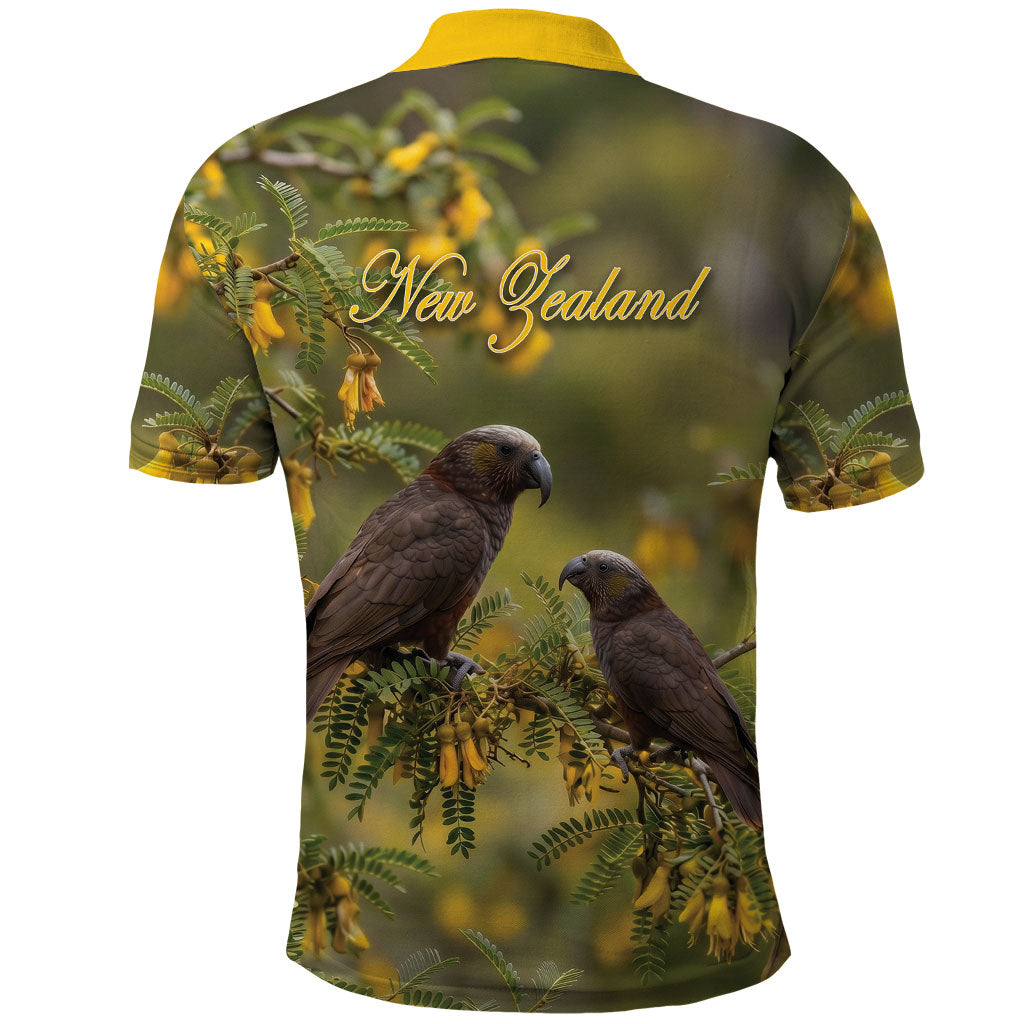 New Zealand Kaka Bird Polo Shirt Kowhai Flower Landscape Style
