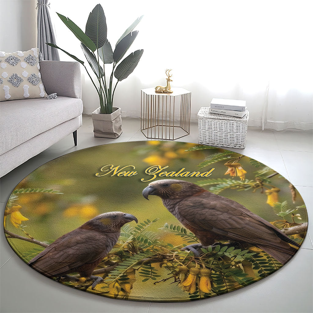 New Zealand Kaka Bird Round Carpet Kowhai Flower Landscape Style