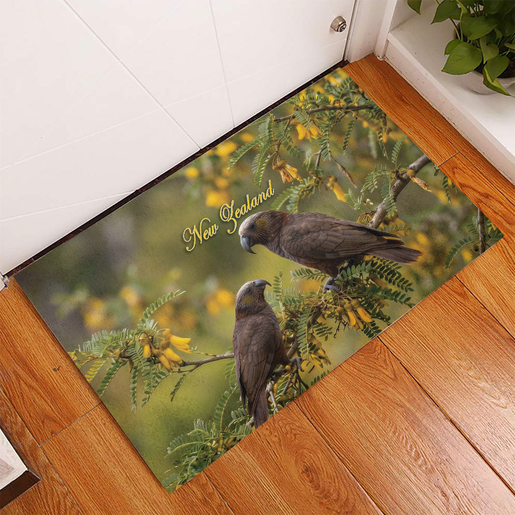 New Zealand Kaka Bird Rubber Doormat Kowhai Flower Landscape Style