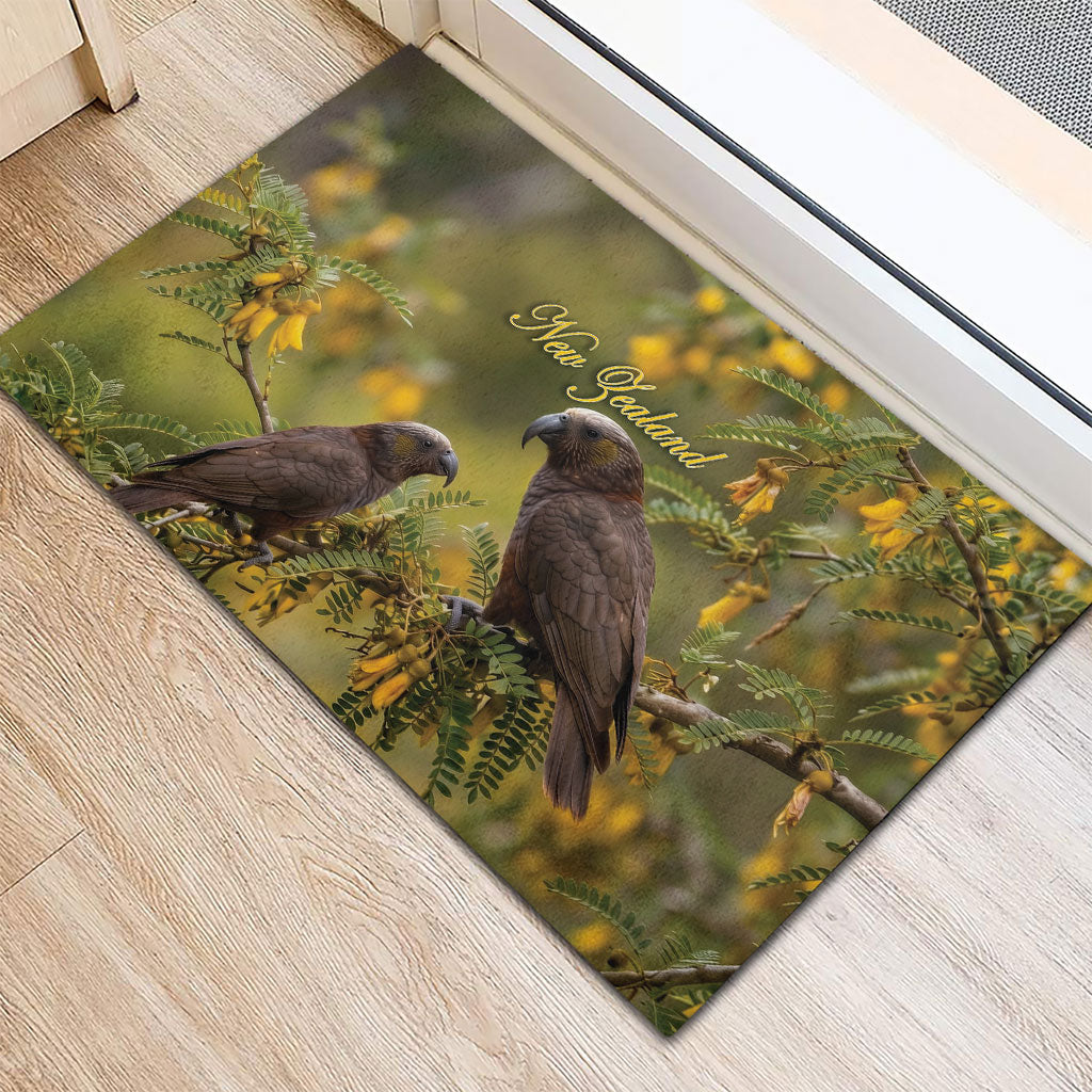 New Zealand Kaka Bird Rubber Doormat Kowhai Flower Landscape Style