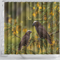 New Zealand Kaka Bird Shower Curtain Kowhai Flower Landscape Style
