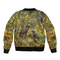 New Zealand Kaka Bird Sleeve Zip Bomber Jacket Kowhai Flower Landscape Style
