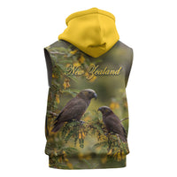 New Zealand Kaka Bird Sleeveless Hoodie Kowhai Flower Landscape Style