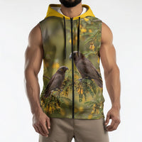 New Zealand Kaka Bird Sleeveless Zip Hoodie Kowhai Flower Landscape Style