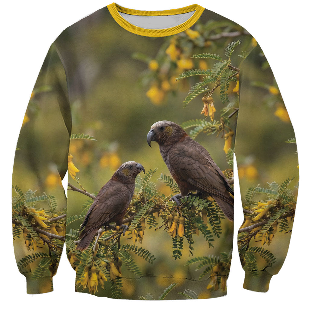 New Zealand Kaka Bird Sweatshirt Kowhai Flower Landscape Style
