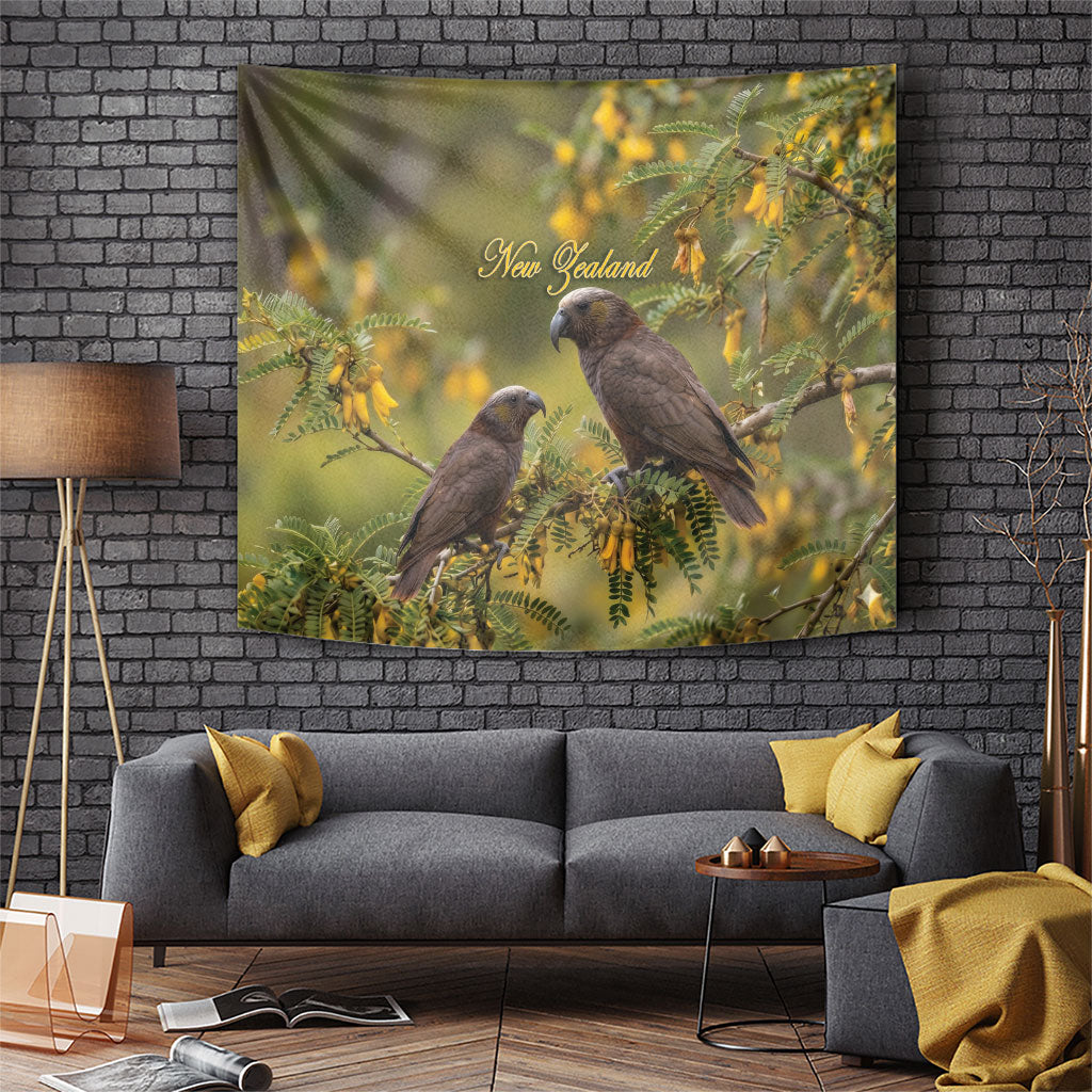 New Zealand Kaka Bird Tapestry Kowhai Flower Landscape Style