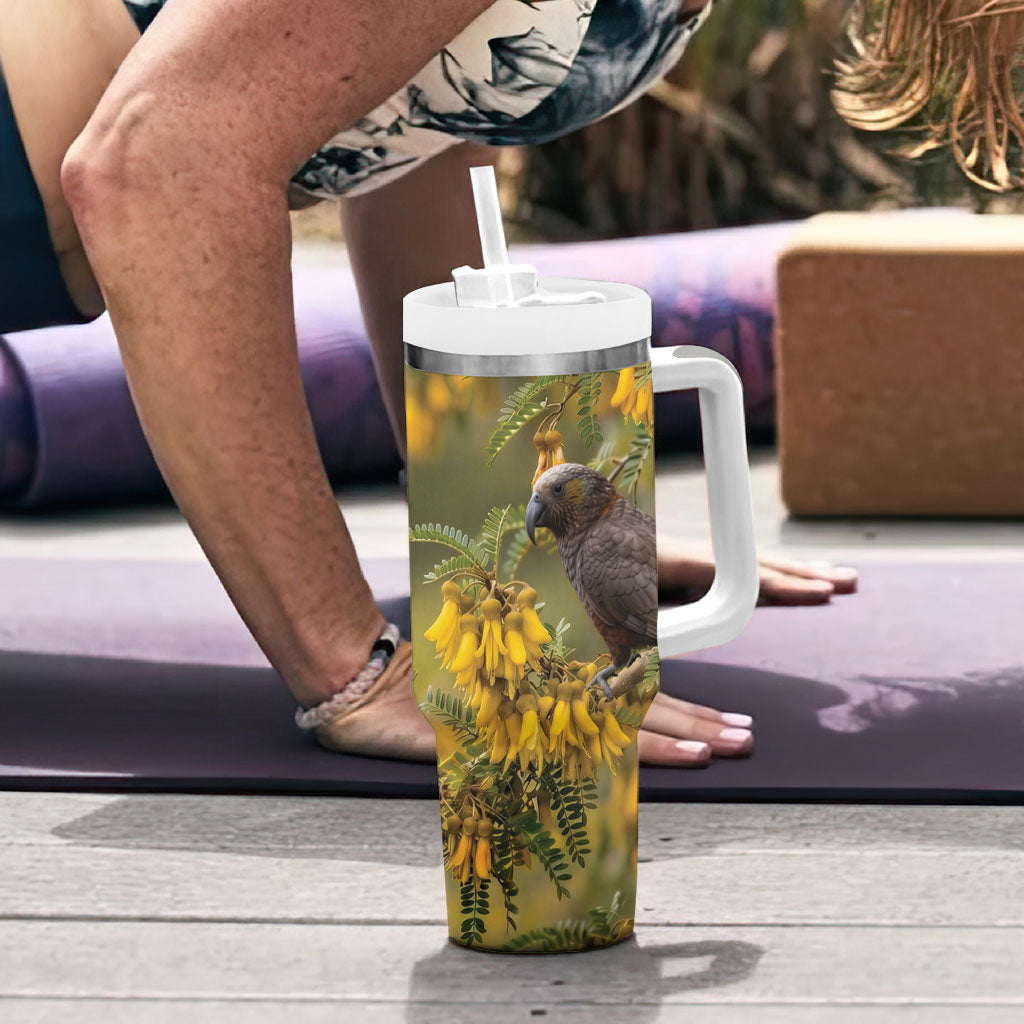 New Zealand Kaka Bird Tumbler With Handle Kowhai Flower Landscape Style