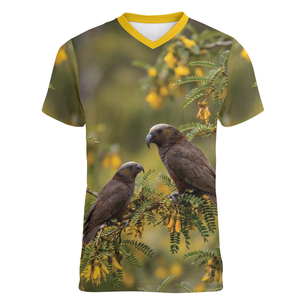 New Zealand Kaka Bird Women V-Neck T-Shirt Kowhai Flower Landscape Style