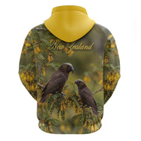 New Zealand Kaka Bird Zip Hoodie Kowhai Flower Landscape Style