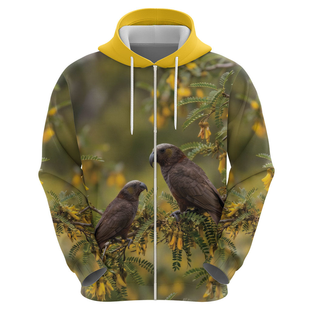 New Zealand Kaka Bird Zip Hoodie Kowhai Flower Landscape Style