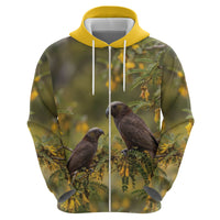 New Zealand Kaka Bird Zip Hoodie Kowhai Flower Landscape Style