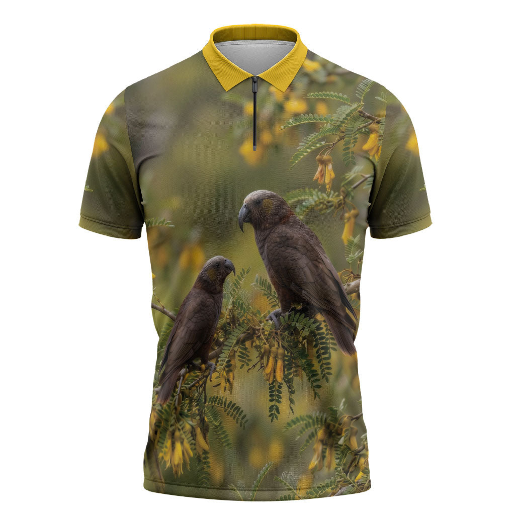 New Zealand Kaka Bird Zipper Polo Shirt Kowhai Flower Landscape Style