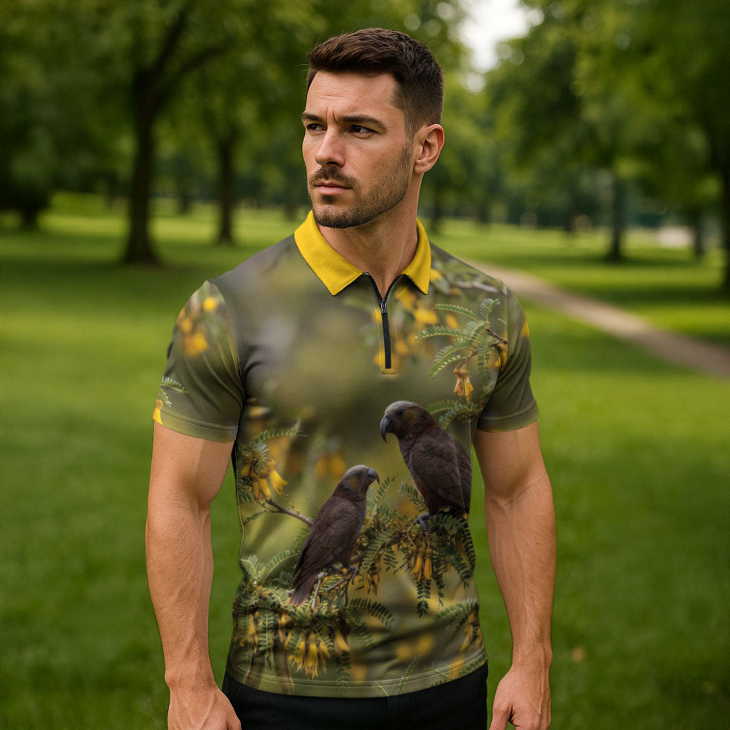 New Zealand Kaka Bird Zipper Polo Shirt Kowhai Flower Landscape Style