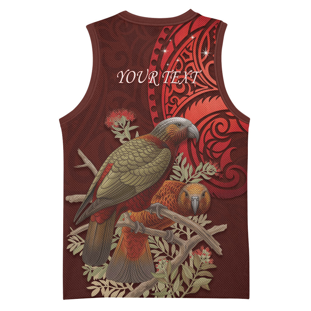 New Zealand Kaka Bird Personalised Basketball Jersey Pohutukawa Matariki Maori Pattern