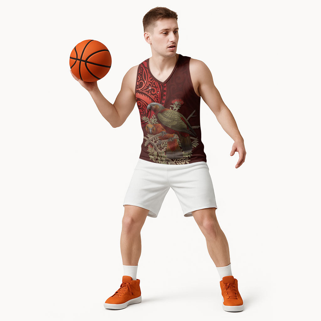 New Zealand Kaka Bird Personalised Basketball Jersey Pohutukawa Matariki Maori Pattern