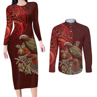 New Zealand Kaka Bird Personalised Couples Matching Long Sleeve Bodycon Dress and Long Sleeve Button Shirt Pohutukawa Matariki Maori Pattern