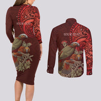 New Zealand Kaka Bird Personalised Couples Matching Long Sleeve Bodycon Dress and Long Sleeve Button Shirt Pohutukawa Matariki Maori Pattern