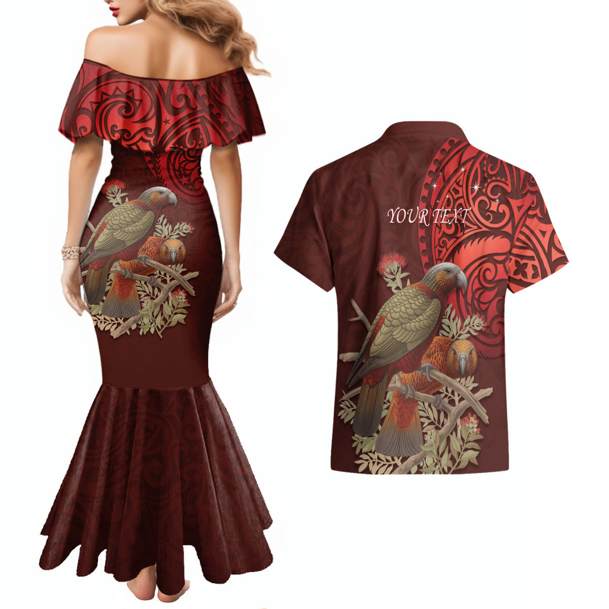 New Zealand Kaka Bird Personalised Couples Matching Mermaid Dress and Hawaiian Shirt Pohutukawa Matariki Maori Pattern