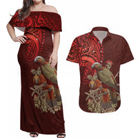 New Zealand Kaka Bird Personalised Couples Matching Off Shoulder Maxi Dress and Hawaiian Shirt Pohutukawa Matariki Maori Pattern
