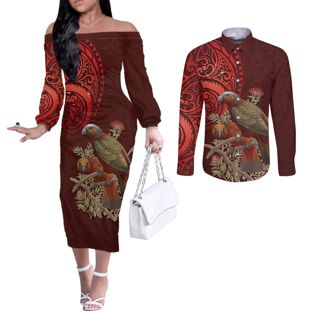 New Zealand Kaka Bird Personalised Couples Matching Off The Shoulder Long Sleeve Dress and Long Sleeve Button Shirt Pohutukawa Matariki Maori Pattern