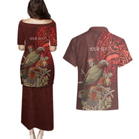 New Zealand Kaka Bird Personalised Couples Matching Puletasi and Hawaiian Shirt Pohutukawa Matariki Maori Pattern