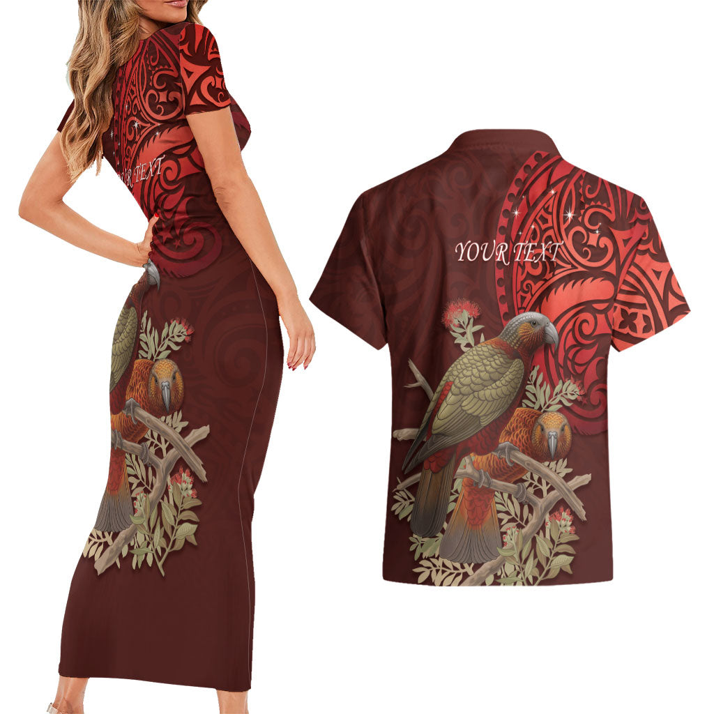 New Zealand Kaka Bird Personalised Couples Matching Short Sleeve Bodycon Dress and Hawaiian Shirt Pohutukawa Matariki Maori Pattern
