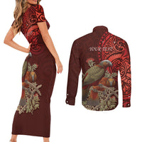 New Zealand Kaka Bird Personalised Couples Matching Short Sleeve Bodycon Dress and Long Sleeve Button Shirt Pohutukawa Matariki Maori Pattern