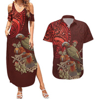 New Zealand Kaka Bird Personalised Couples Matching Summer Maxi Dress and Hawaiian Shirt Pohutukawa Matariki Maori Pattern
