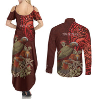 New Zealand Kaka Bird Personalised Couples Matching Summer Maxi Dress and Long Sleeve Button Shirt Pohutukawa Matariki Maori Pattern