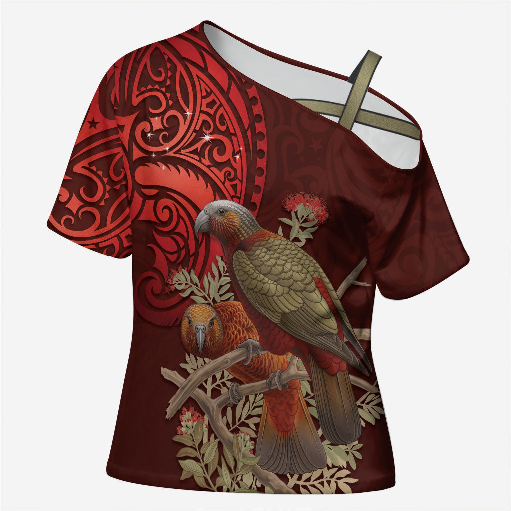 New Zealand Kaka Bird Personalised Cross Shoulder Shirt Pohutukawa Matariki Maori Pattern
