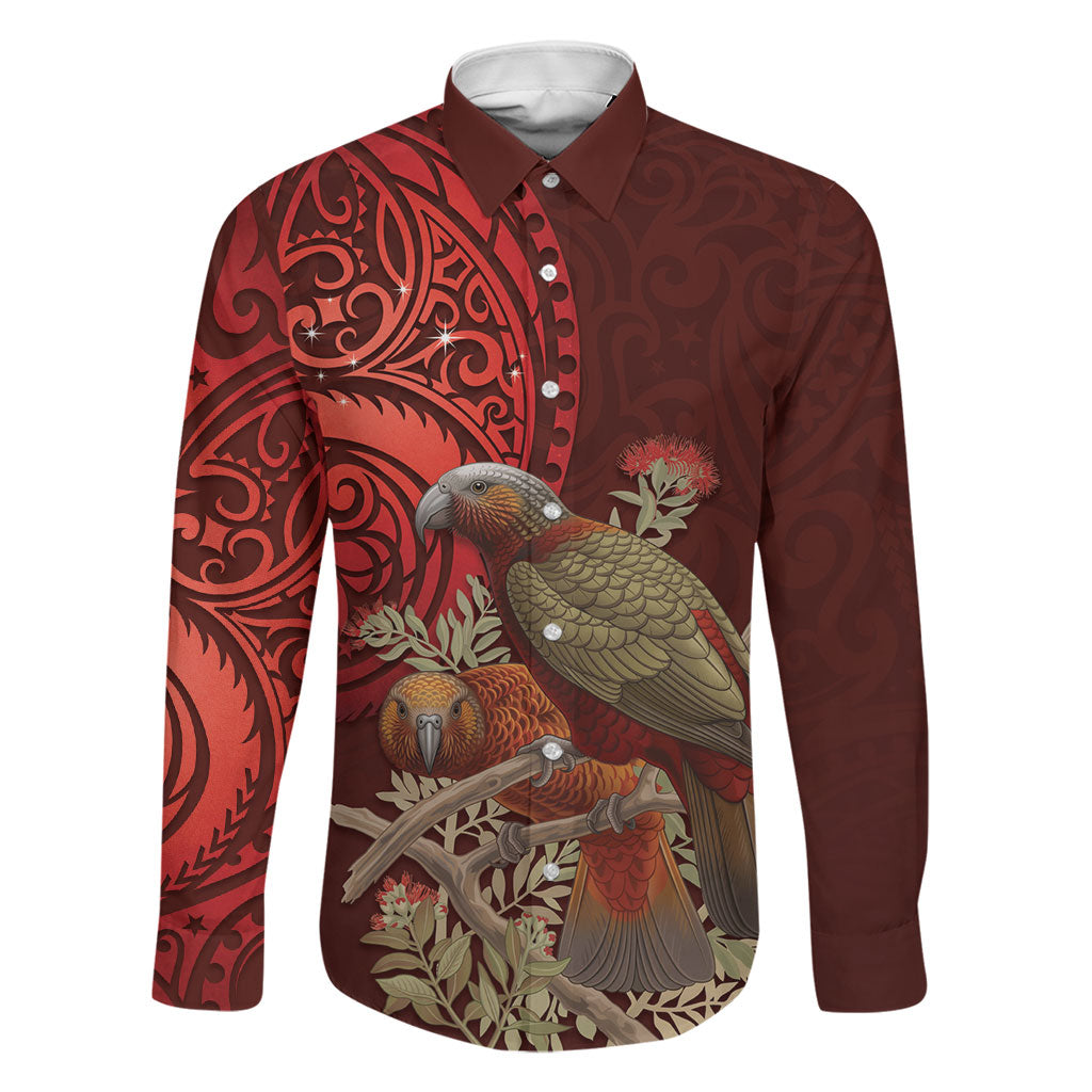 New Zealand Kaka Bird Personalised Family Matching Off The Shoulder Long Sleeve Dress and Hawaiian Shirt Pohutukawa Matariki Maori Pattern LT22 Dad's Shirt - Long Sleeve Red - Polynesian Pride