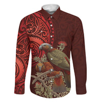 New Zealand Kaka Bird Personalised Family Matching Off The Shoulder Long Sleeve Dress and Hawaiian Shirt Pohutukawa Matariki Maori Pattern LT22 Dad's Shirt - Long Sleeve Red - Polynesian Pride