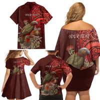 New Zealand Kaka Bird Personalised Family Matching Off Shoulder Short Dress and Hawaiian Shirt Pohutukawa Matariki Maori Pattern LT22 - Polynesian Pride