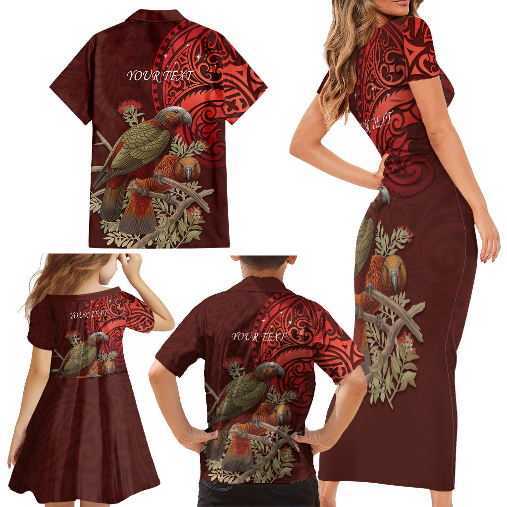 New Zealand Kaka Bird Personalised Family Matching Short Sleeve Bodycon Dress and Hawaiian Shirt Pohutukawa Matariki Maori Pattern LT22 - Polynesian Pride