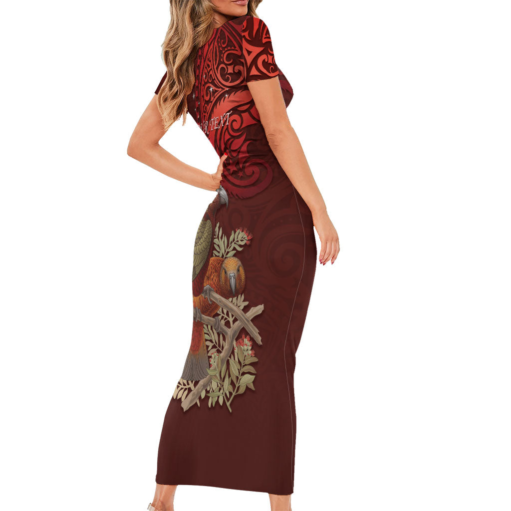 New Zealand Kaka Bird Personalised Family Matching Short Sleeve Bodycon Dress and Hawaiian Shirt Pohutukawa Matariki Maori Pattern LT22 - Polynesian Pride