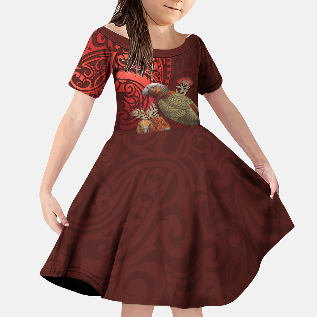 New Zealand Kaka Bird Personalised Family Matching Tank Maxi Dress and Hawaiian Shirt Pohutukawa Matariki Maori Pattern LT22 Daughter's Dress Red - Polynesian Pride