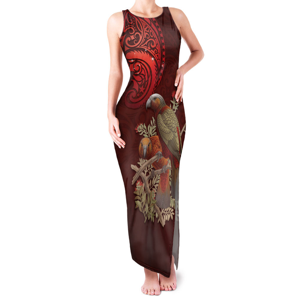 New Zealand Kaka Bird Personalised Family Matching Tank Maxi Dress and Hawaiian Shirt Pohutukawa Matariki Maori Pattern LT22 Mom's Dress Red - Polynesian Pride