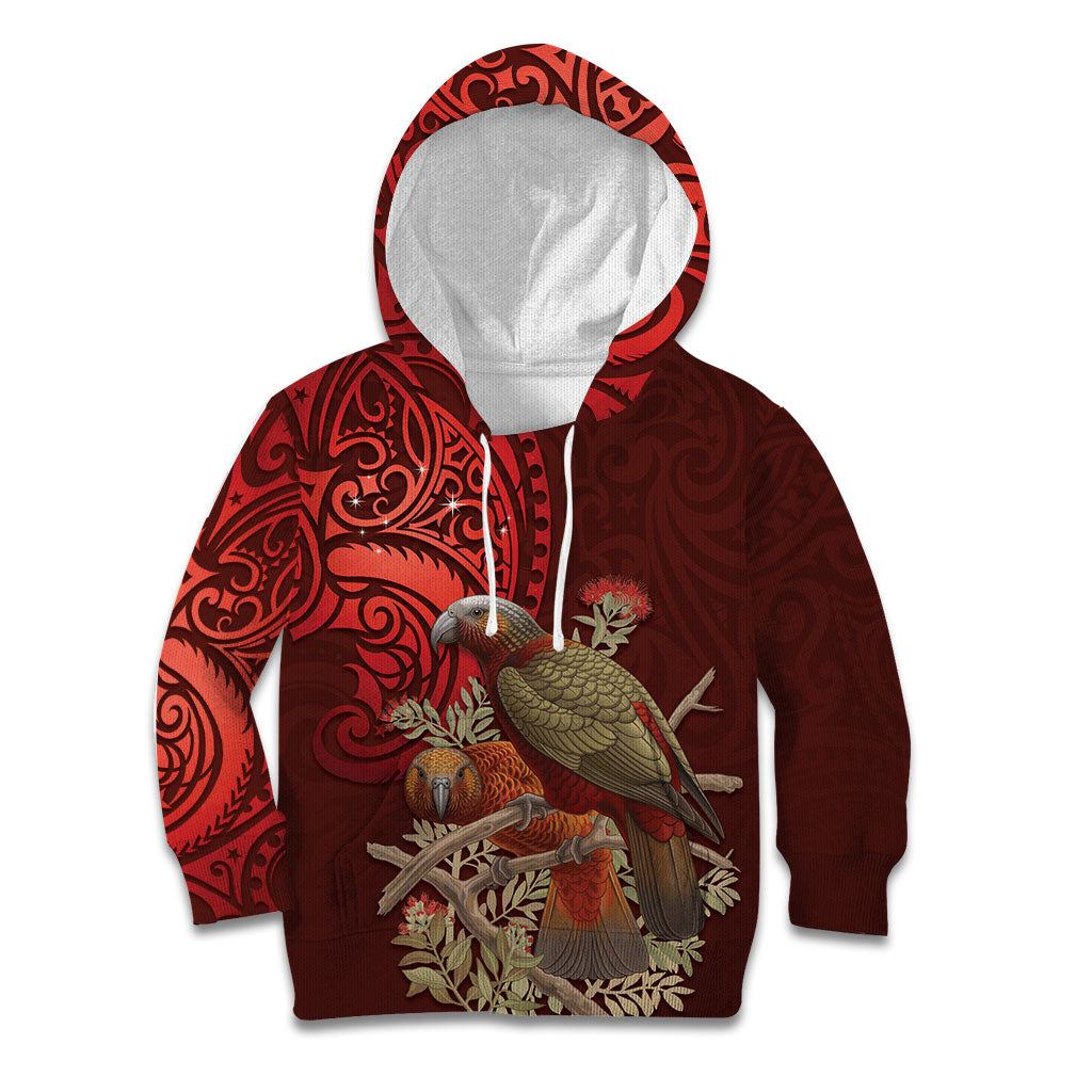 New Zealand Kaka Bird Personalised Kid Hoodie Pohutukawa Matariki Maori Pattern