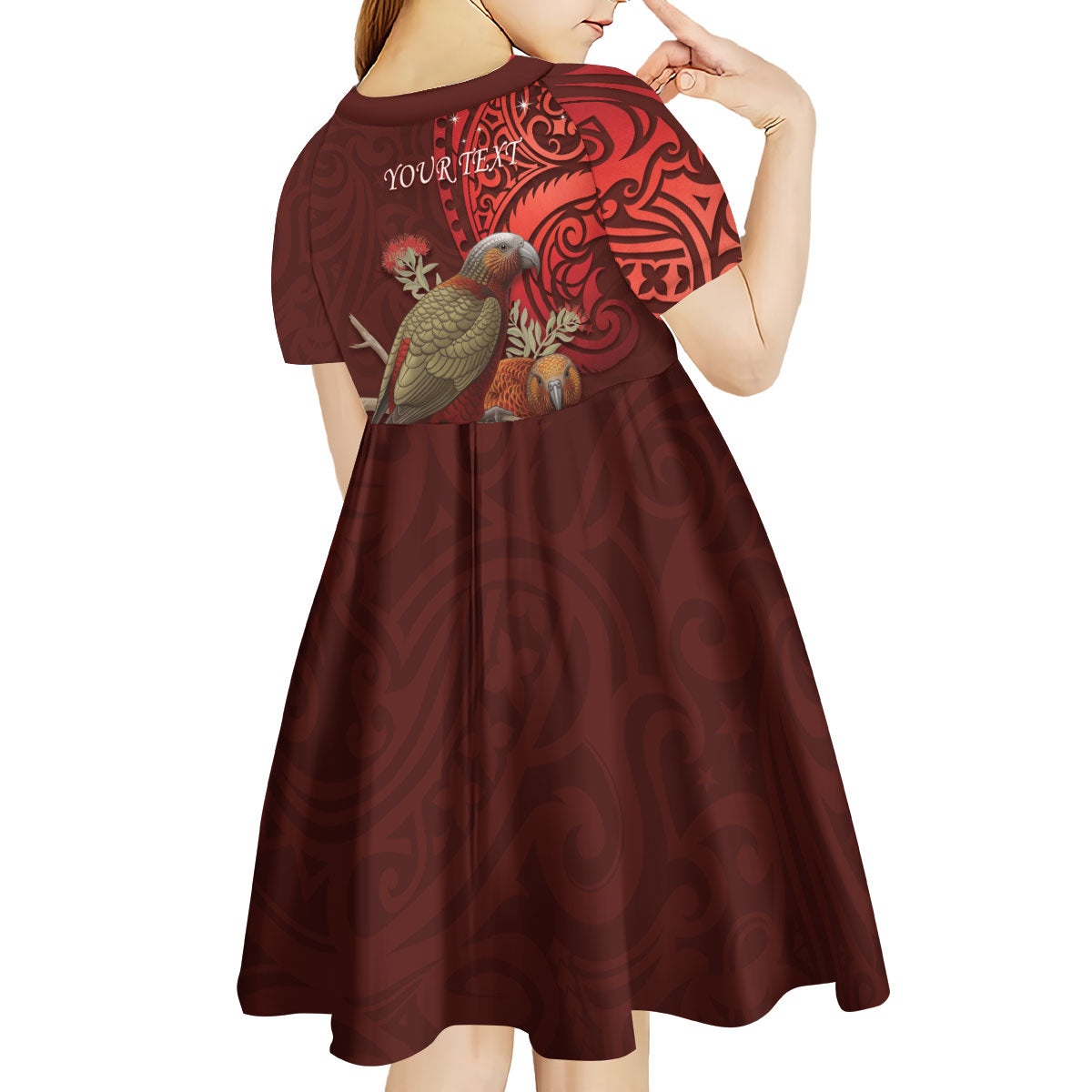 New Zealand Kaka Bird Personalised Kid Short Sleeve Dress Pohutukawa Matariki Maori Pattern