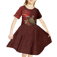 New Zealand Kaka Bird Personalised Kid Short Sleeve Dress Pohutukawa Matariki Maori Pattern
