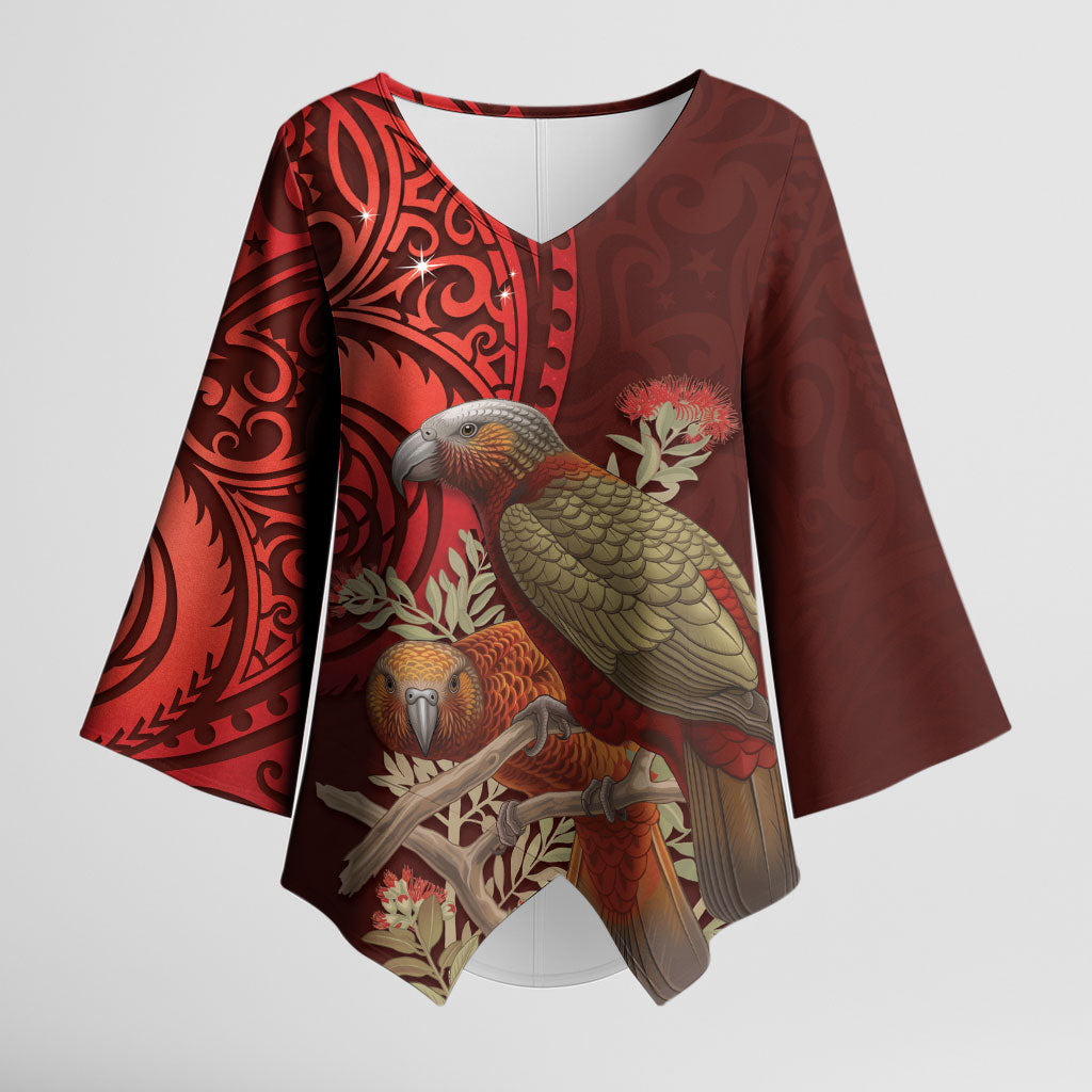 New Zealand Kaka Bird Personalised Kimono Sleeve Blouse Pohutukawa Matariki Maori Pattern