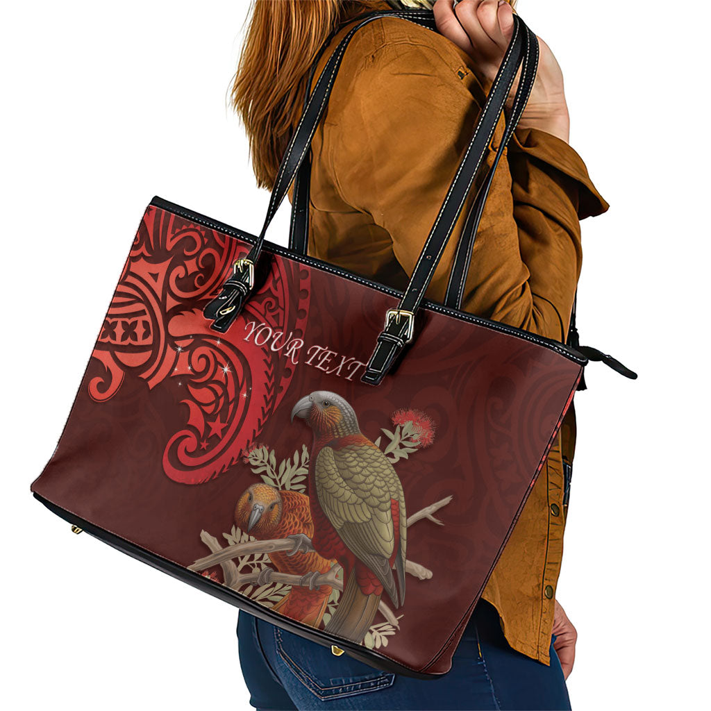 New Zealand Kaka Bird Personalised Leather Tote Bag Pohutukawa Matariki Maori Pattern
