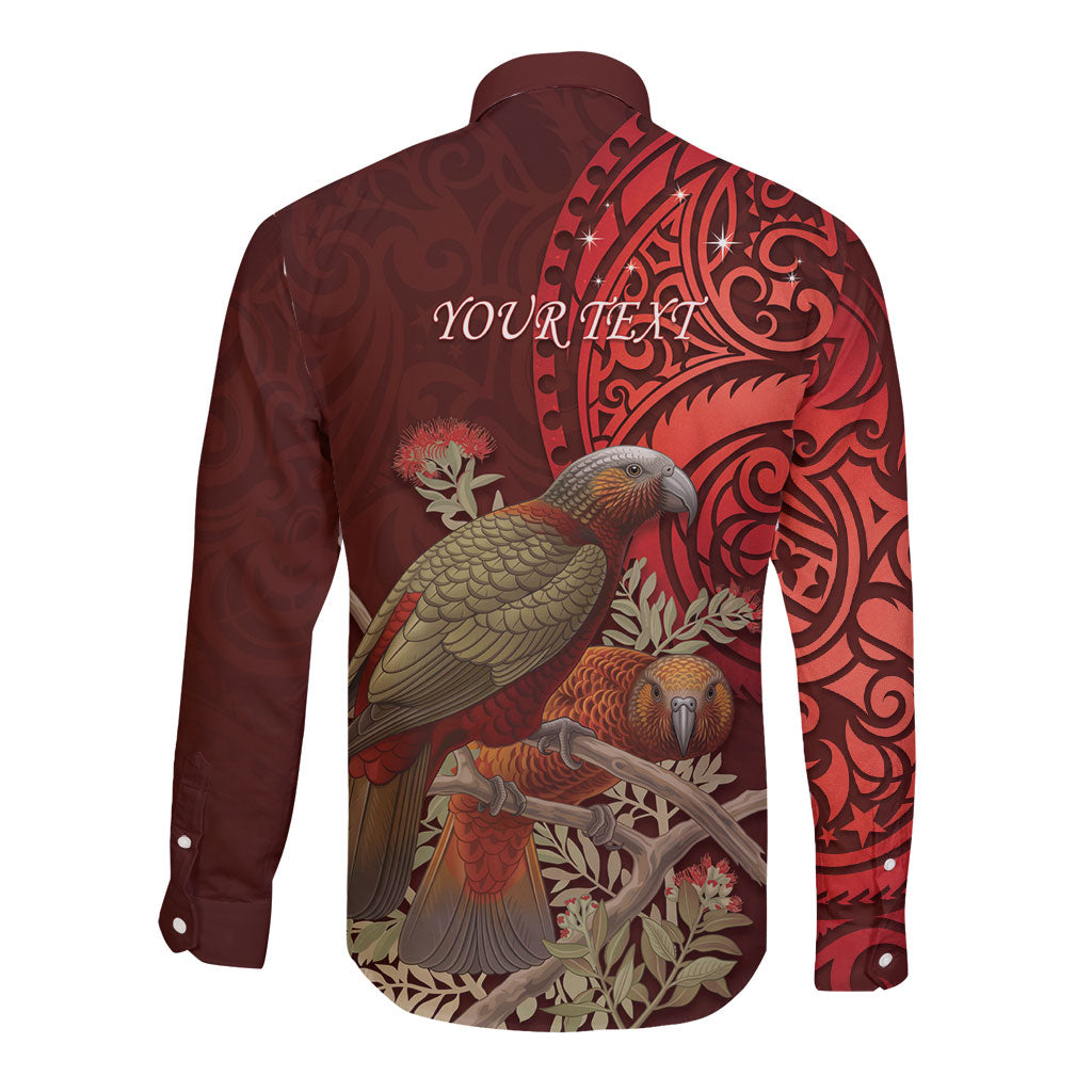 New Zealand Kaka Bird Personalised Long Sleeve Button Shirt Pohutukawa Matariki Maori Pattern